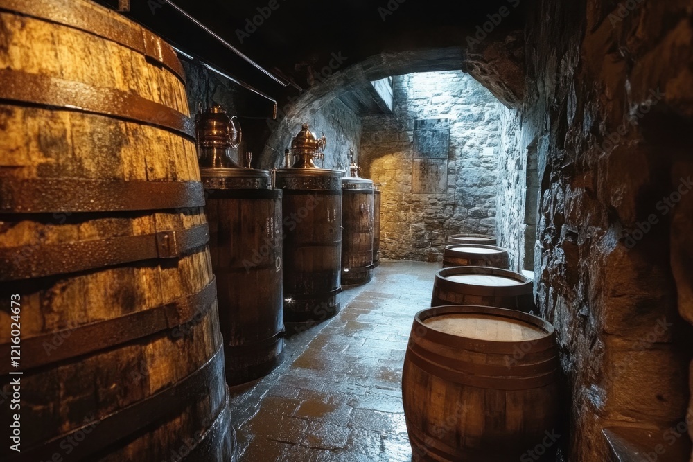Exploring the art of whiskey barrels in a scottish distillery understated elegance interior shot historical environment intimate viewpoint craftsmanship theme Exploring the art of whiskey barrels in a scottish distillery understated elegance interior shot historical environment intimate viewpoint craftsmanship theme