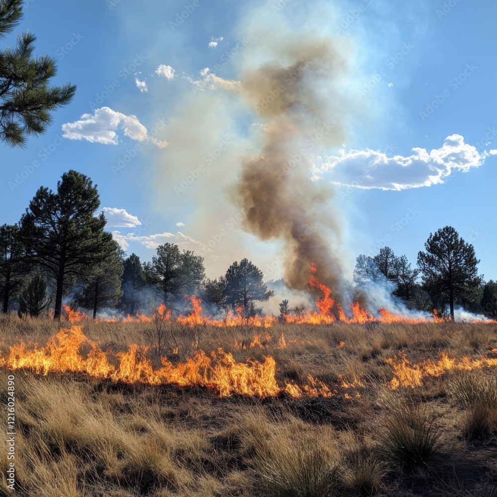 Naklejka premium Forest Fire Landscape: A Controlled Burn in a Pine Forest