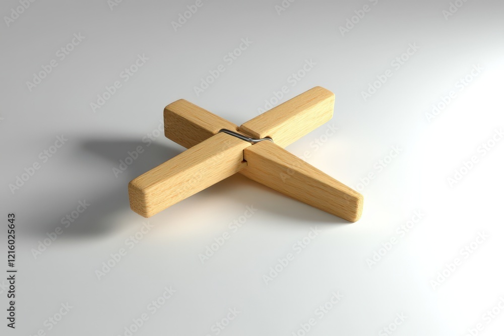 Wooden cross shaped object with metal joining Wooden cross shaped object with metal joining