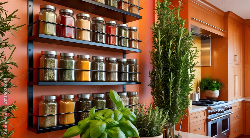 custom made wallpaper toronto digitalA vibrant kitchen features an organized spice rack on a bold orange wall, complemented by fresh herbs in pots, creating a lively culinary atmosphere.