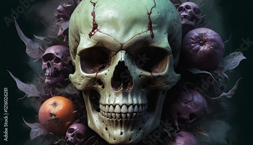 Memento Mori: A macabre still life of a skull adorned with decaying fruit and smaller skulls, evoking themes of mortality and the ephemeral nature of life. photo