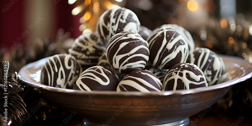 Chocolate balls with zebra-patterned decorations on a festive tabletop