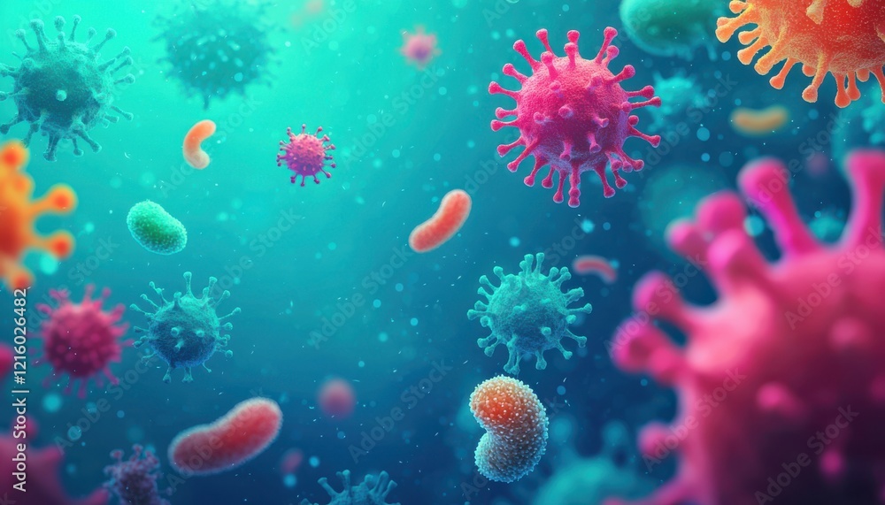 Naklejka premium PM2.5 air pollution concept. Colorful microorganisms floating in a vibrant underwater environment.