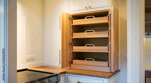 A modern kitchen cabinet features multiple wooden drawers, providing stylish storage solutions for organized living. photo