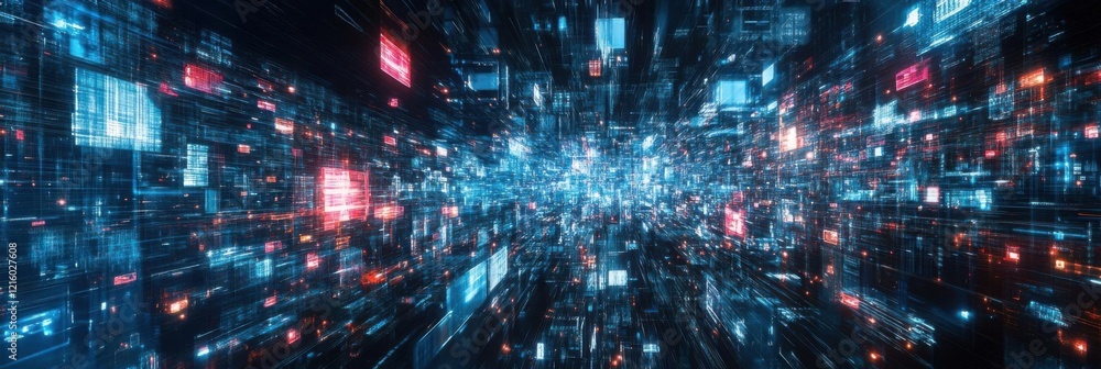 Obraz premium Data Streams Flow Through Cyberspace with Digital Information, Big Data, and Technology Concept.