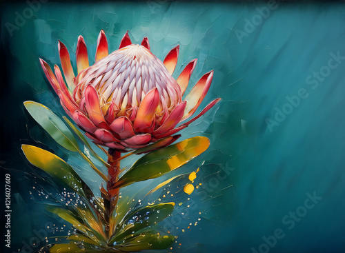 Vibrant king protea flower in full bloom against a teal background.  Yellow highlights accentuate the petals and leaves, creating a dynamic composition.
