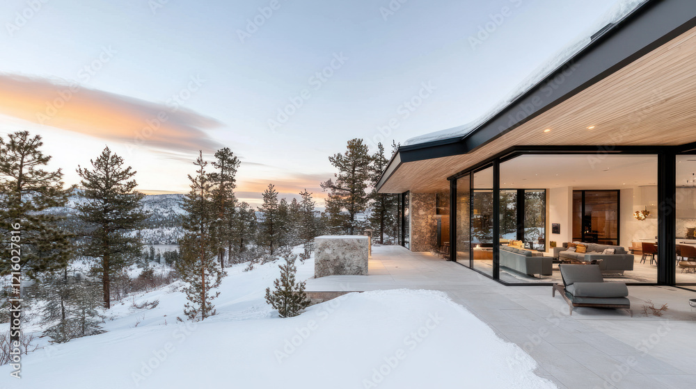 A modern house with large glass walls by snowy mountains A modern house with large glass walls by snowy mountains