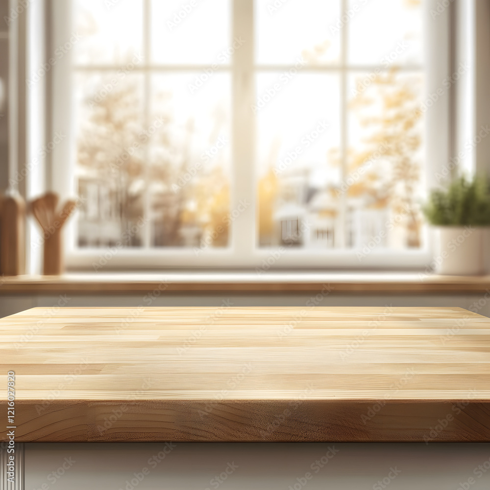 Empty wooden table in front of a blurred kitchen background with sunlight shining through the window Empty wooden table in front of a blurred kitchen background with sunlight shining through the window