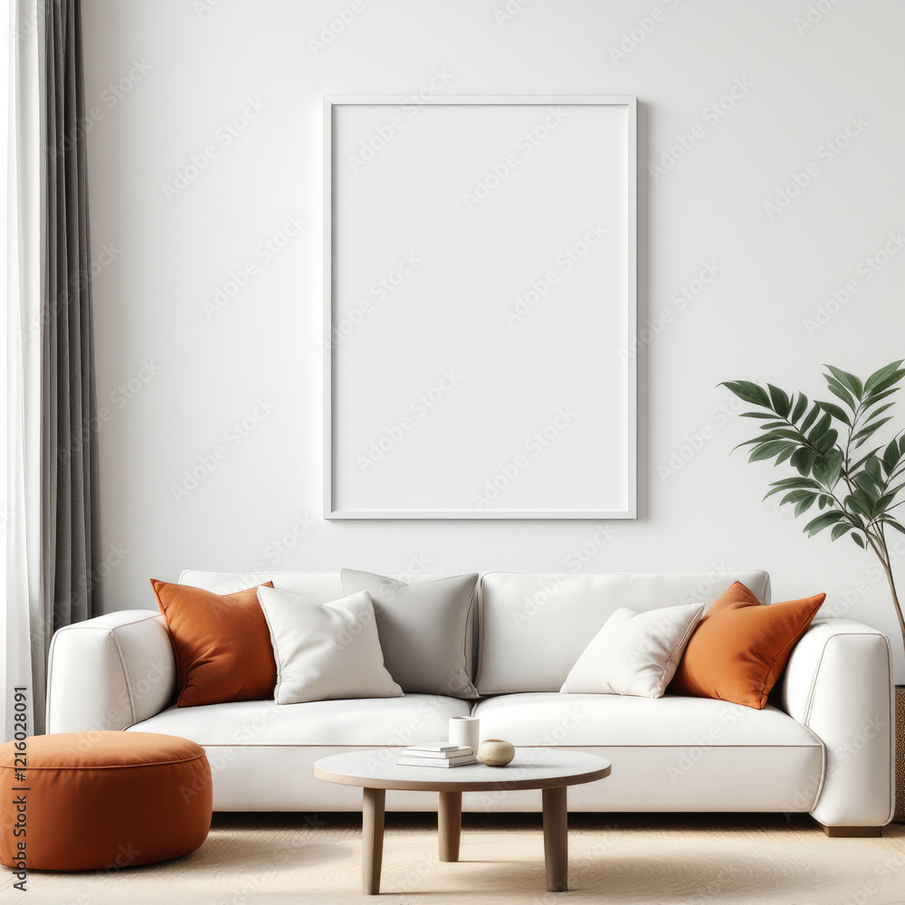 a white sofa with orange and gray throw pillows, a round coffee table, and a potted plant. Cozy modern living room with photo frame design a white sofa with orange and gray throw pillows, a round coffee table, and a potted plant. Cozy modern living room with photo frame design