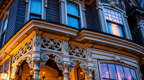 Victorian House Exterior at Dusk: Ornate Facade and Architectural Details