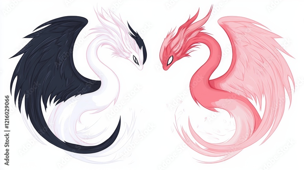 Obraz premium YinYang Dragons Serpentine Celestial Creatures Facing