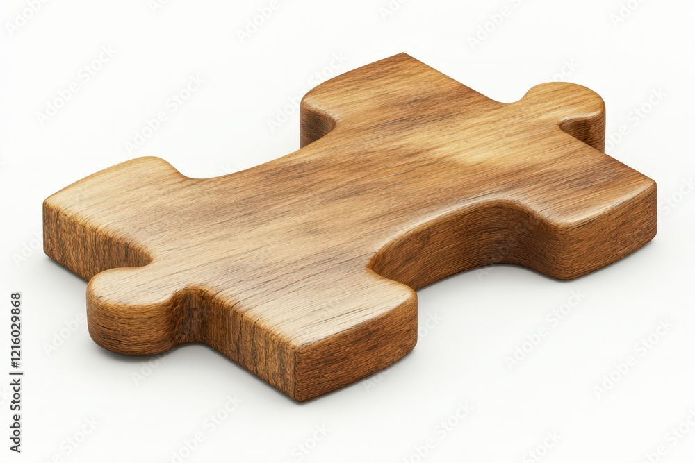 A single wooden puzzle piece sits on a white background A single wooden puzzle piece sits on a white background