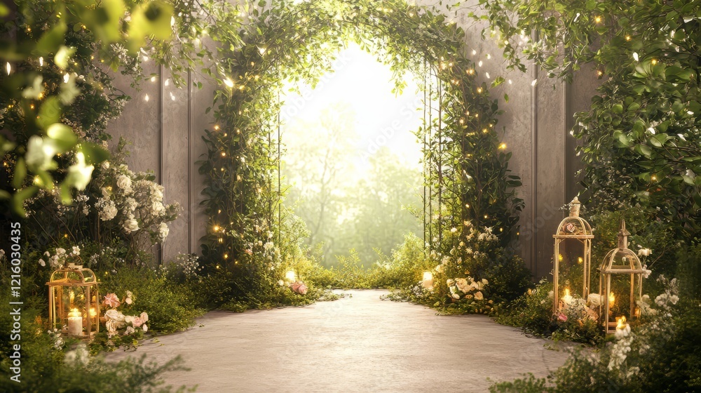 Obraz premium Enchanted Forest Pathway with String Lights and Glowing Lanterns for a magical setup