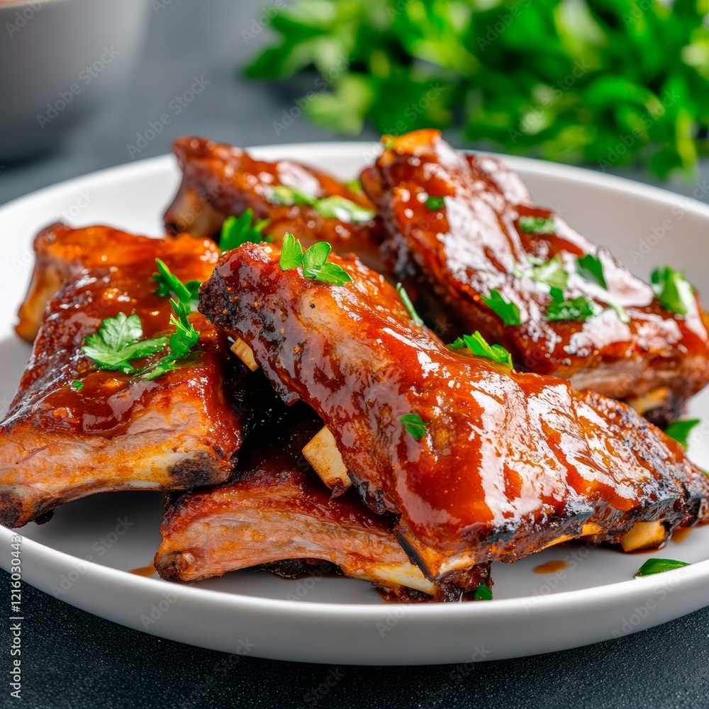 Delicious BBQ Ribs with Parsley Garnish Delicious BBQ Ribs with Parsley Garnish