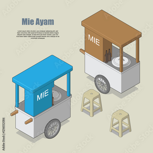 Indonesian Chicken Noodle Hawker in isometric vector, suitable for street food content, social media, sticker, etc
