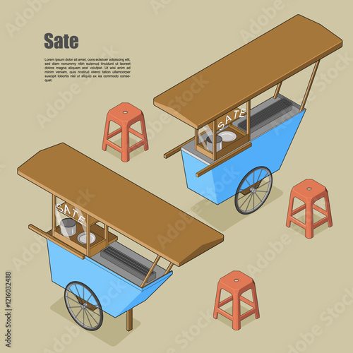 Indonesian Satay madura street hawker in isometric vector image. suitable for street food content, social media, sticker, etc