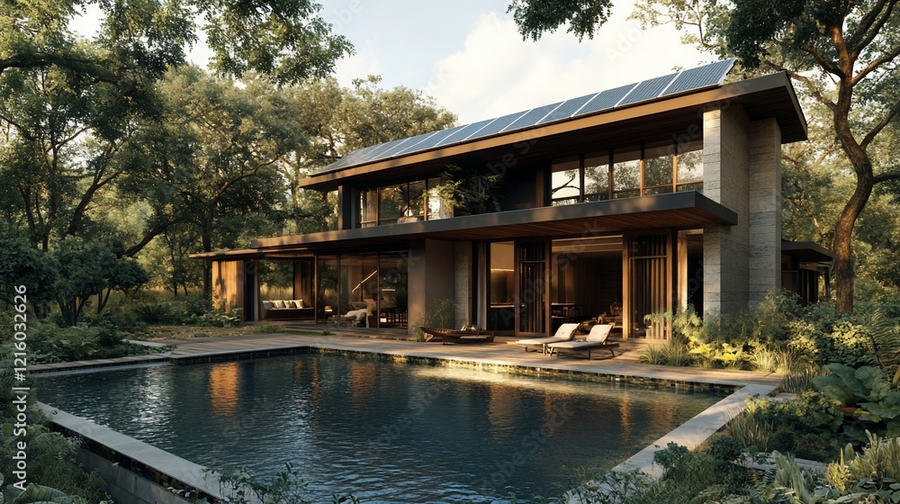 Modern house with pool and solar panels. Modern house with pool and solar panels.
