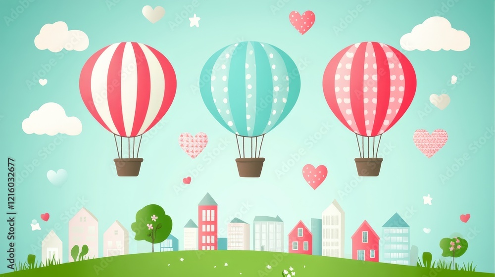 Naklejka premium Three pastel hot air balloons floating over a whimsical town