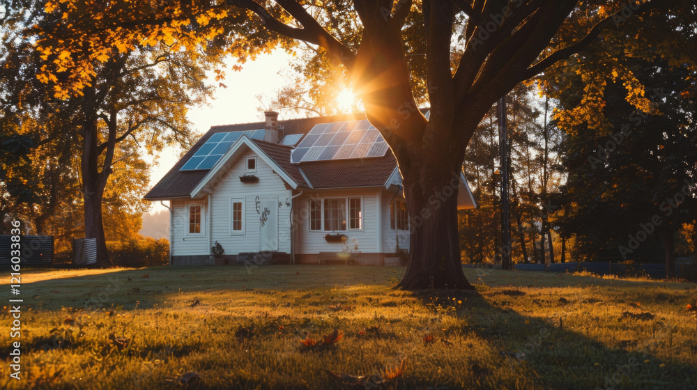 Fototapeta premium Solar Panels Gleaming on a Charming Cottage at Sunset with Autumn Trees