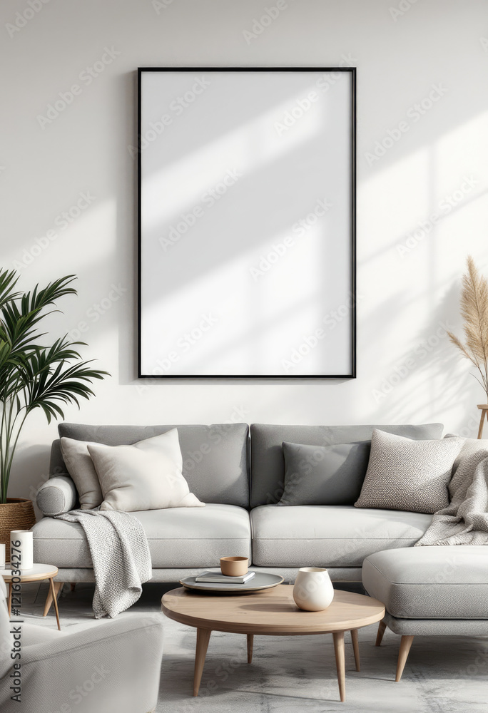 a gray sofa with gray and white throw pillows, a wooden coffee table, and a large blank picture frame hanging on the wall above the sofa. Cozy modern living room with photo frame design a gray sofa with gray and white throw pillows, a wooden coffee table, and a large blank picture frame hanging on the wall above the sofa. Cozy modern living room with photo frame design