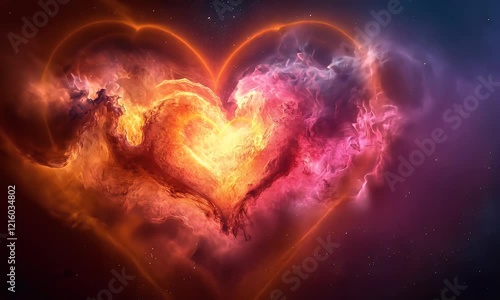 A vibrant cosmic heart shape formed by colorful nebulae in space, symbolizing love and connection.
