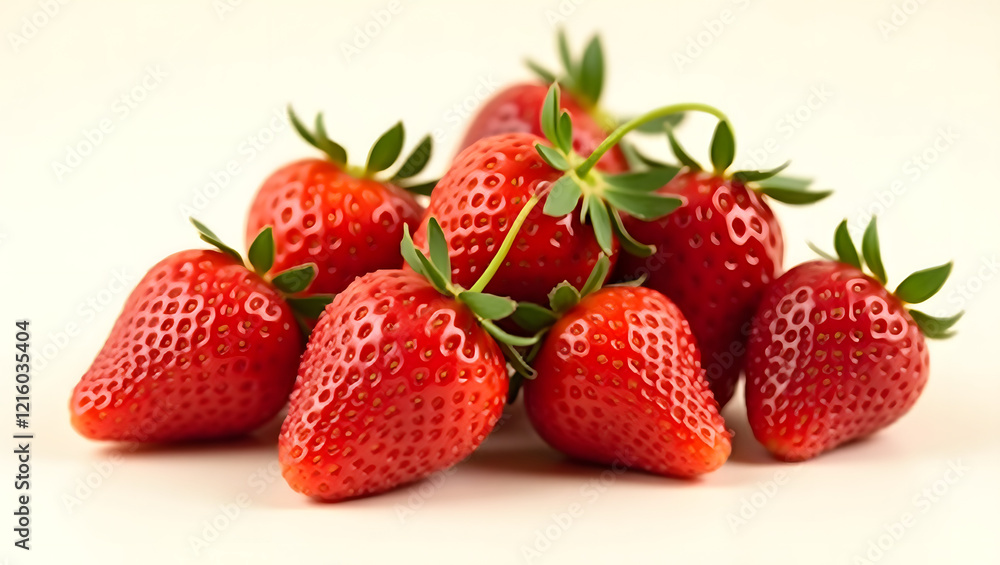 Fresh Juicy Strawberries with Vibrant Red Skin and Green Leaves on White Background Fresh Juicy Strawberries with Vibrant Red Skin and Green Leaves on White Background