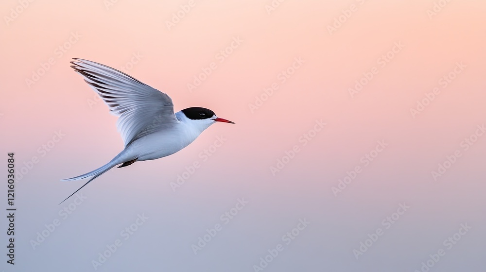 Obraz premium bird photographed mid-flight with its wings spread against pastel-colored sky at sunrise