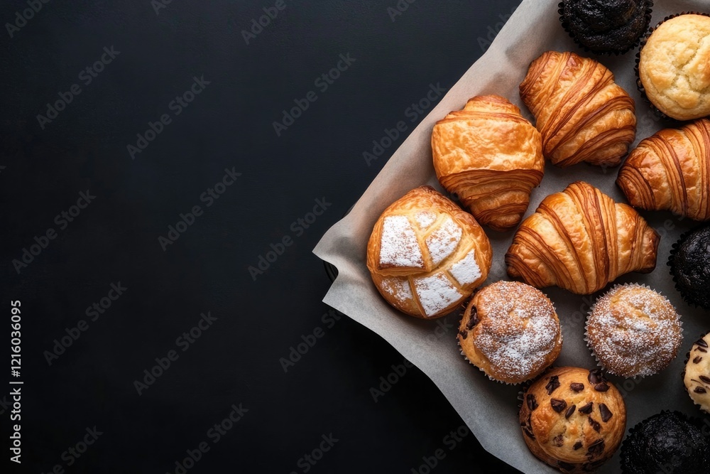 Obraz premium beautiful overhead shot of tray filled with mixed pastries croissants and muffins on parchment paper