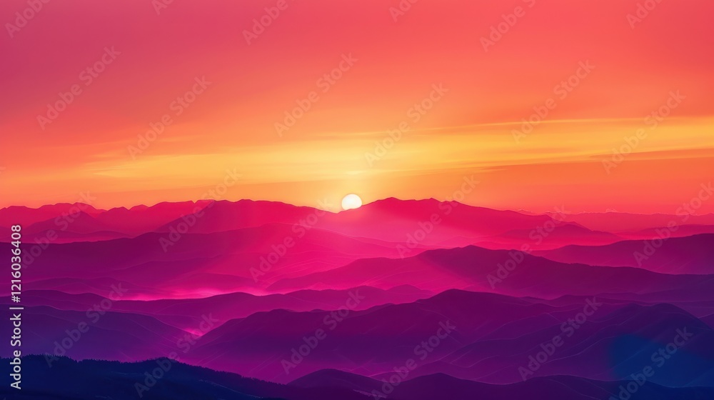 Fototapeta premium Breathtaking Sunset Over Majestic Mountains with Vibrant Colors and Layers of Atmospheric Hues Captivating Nature's Beauty in a Tranquil Landscape