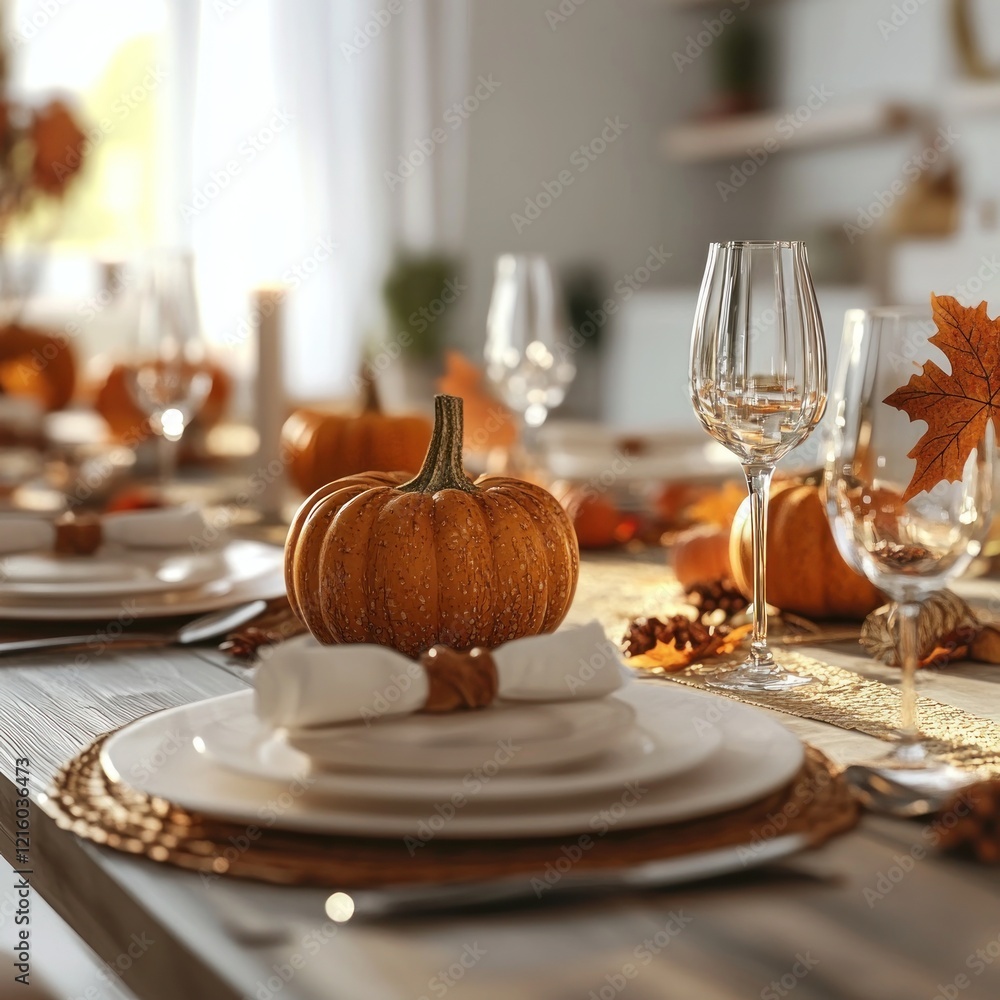 Autumn Thanksgiving dinner table setting, pumpkins, fall leaves Autumn Thanksgiving dinner table setting, pumpkins, fall leaves
