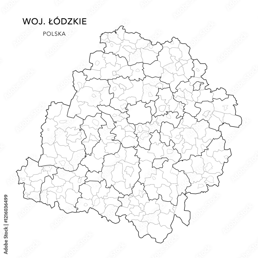 Fototapeta Administrative Map of the Łódź Voivodeship (Łódzkie) with Municipality Areas (Obszary Gmin), Municipalities (Gminy), and Counties (Powiaty) Subdivisions as of 2025 - Poland (Polska) - Vector Map
