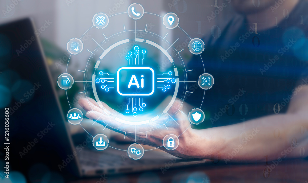 Businessman is using laptop and showing virtual screen artificial intelligence Ai technology icon on his palm. Businessman is using laptop and showing virtual screen artificial intelligence Ai technology icon on his palm.