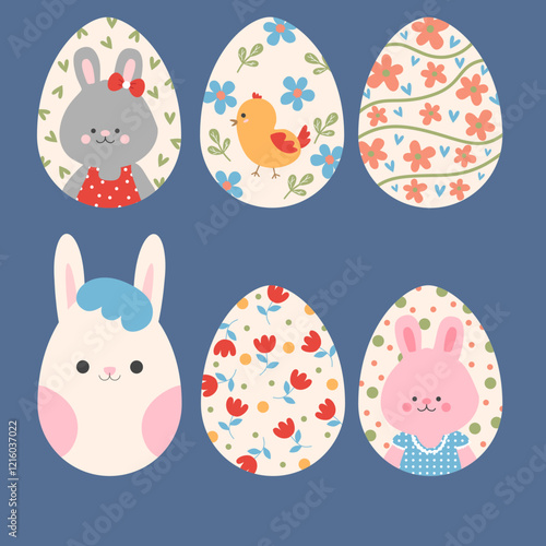 set of eggs with flowers rabbit and geometric shapes for Easter decoration