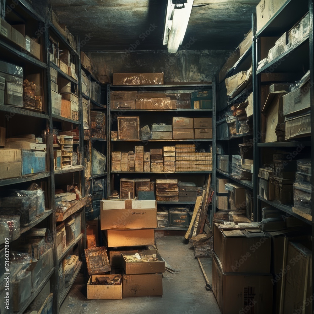 Obraz premium Dusty Archive Room Filled with Cardboard Boxes and Old Files.