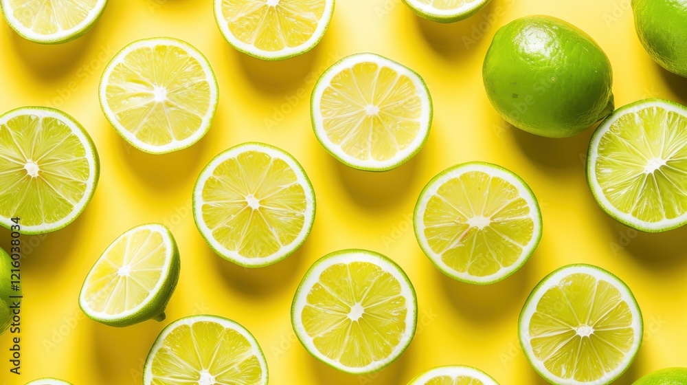 Fototapeta premium Fresh and Juicy Green Limes and Bright Yellow Background, Perfect for Citrus, Healthy Eating, Cooking, or Beverage Themes in Stock Photography