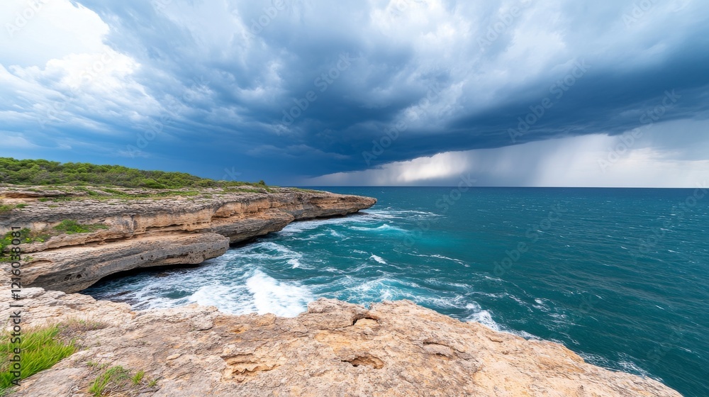 Dramatic coastal storm clouds over rocky ocean cove Dramatic coastal storm clouds over rocky ocean cove