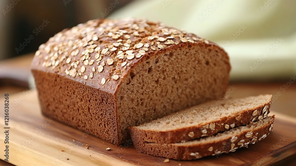 Sliced Loaf of Oat-Topped Whole Wheat Bread on Wooden Cutting Board Sliced Loaf of Oat-Topped Whole Wheat Bread on Wooden Cutting Board