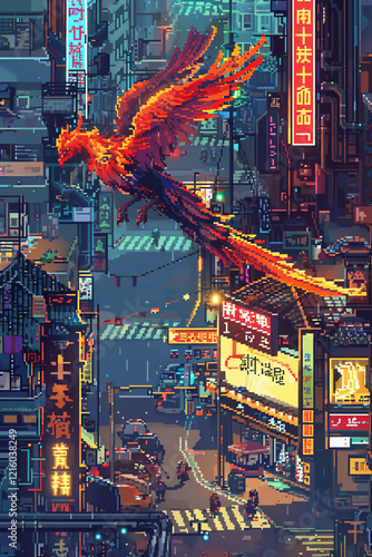 Capture the enigmatic charm of mythical phoenixes amidst bustling futuristic city streets with a top-down perspective, using vibrant pixel art for a modern twist on ancient legends photo