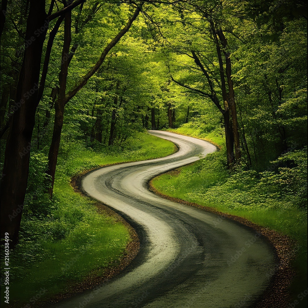 Fototapeta premium The Winding Path: A Paved Road Through the Lush Green Beauty of Nature