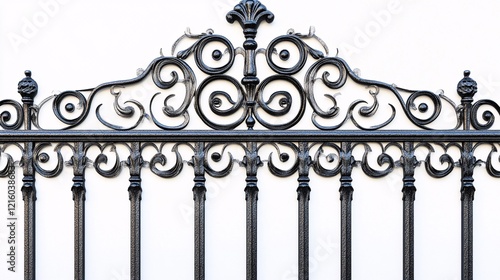 Ornate black iron fence with decorative scrollwork on white background photo