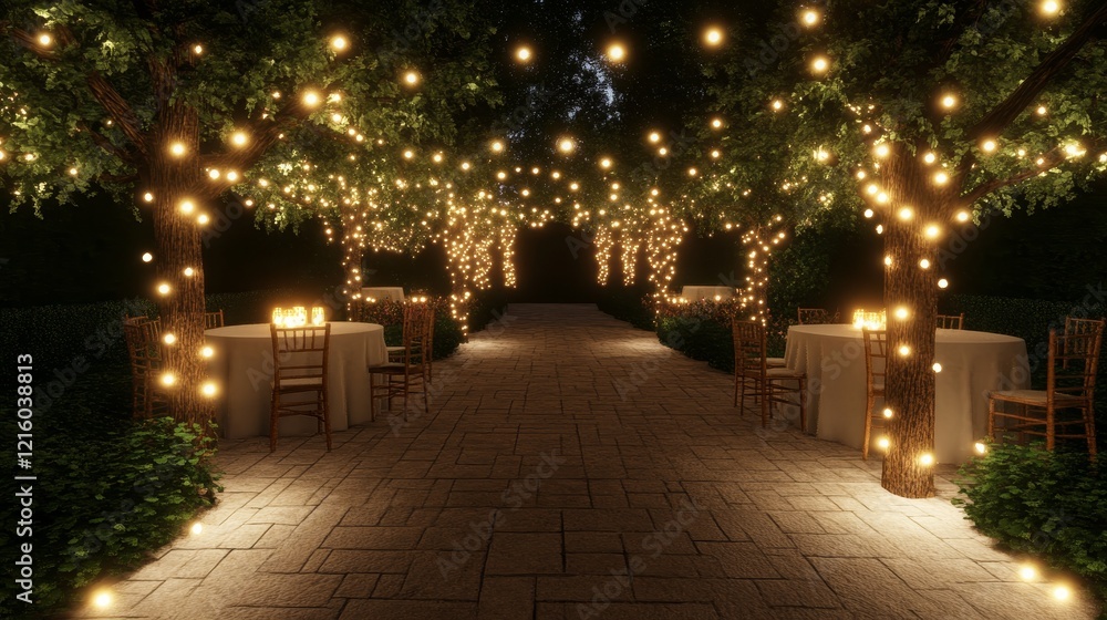 Fototapeta premium Romantic Outdoor Evening Dinner Party Under String Lights