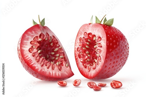 Two strawberry halves reveal internal pomegranate seeds photo