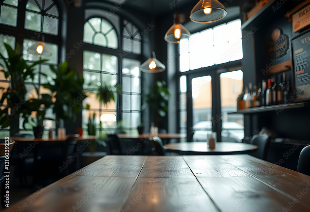 Elegant cafe interior, large arched windows, wooden table in foreground, blurred background, moody atmosphere, vintage decor, warm lighting, potted plants, cozy ambiance, sophisticated design, intimat Elegant cafe interior, large arched windows, wooden table in foreground, blurred background, moody atmosphere, vintage decor, warm lighting, potted plants, cozy ambiance, sophisticated design, intimat
