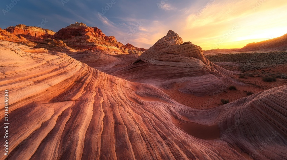 Naklejka premium Scenic Desert Landscape with Wavy Rock Formations Under a Vibrant Sunset Sky
