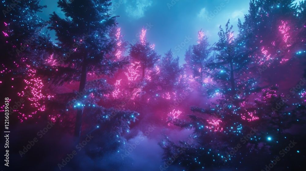 Magical glowing forest with bioluminescent flora, mist-covered trees, and shimmering lights creating a surreal dreamscape Magical glowing forest with bioluminescent flora, mist-covered trees, and shimmering lights creating a surreal dreamscape