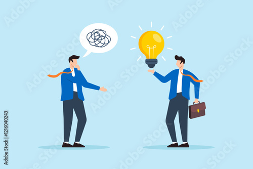 Flat illustration of confused businessman with messy thought receive lightbulb solution from colleague solving problem