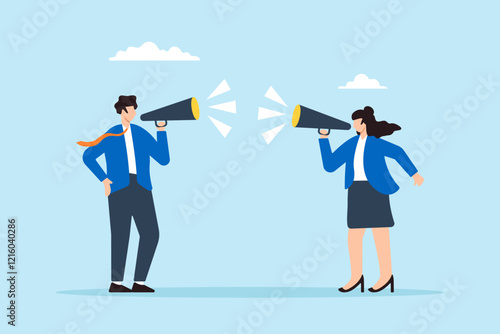 Flat illustration of businessman and woman shout through megaphone announcing job vacancy for hiring