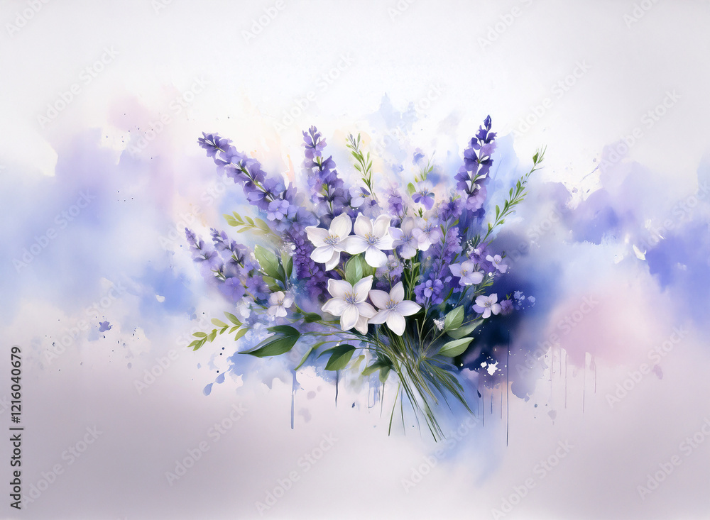 Obraz premium A vibrant bouquet of lavender and white flowers, artfully arranged against a soft watercolor background of blues and purples. The image evokes serenity and natural beauty.