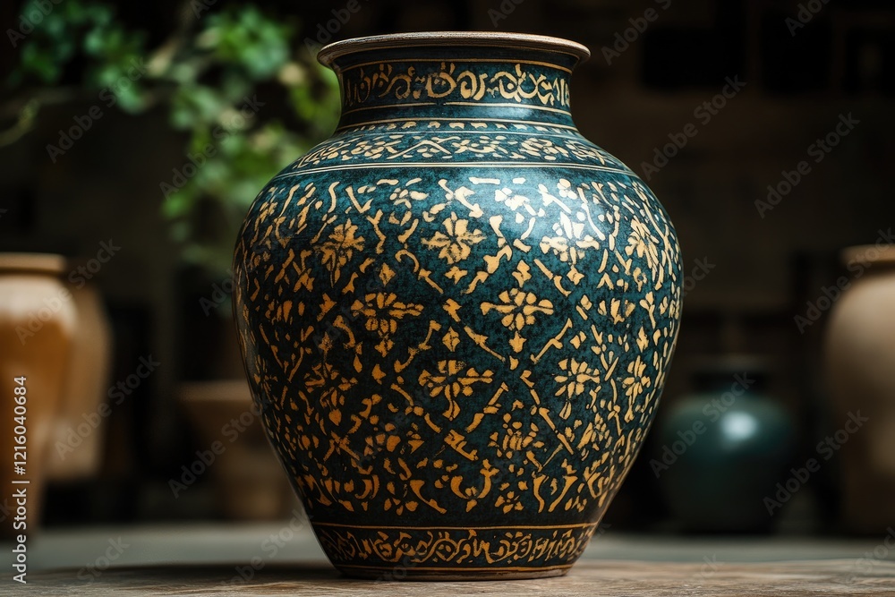 Elegant ceramic vase exhibiting intricate floral patterns and calligraphy Elegant ceramic vase exhibiting intricate floral patterns and calligraphy
