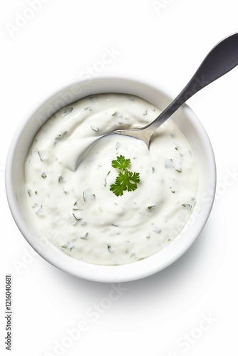 overhead view of small bowl of tartar sauce with a small spoon in the bowl, on a white background